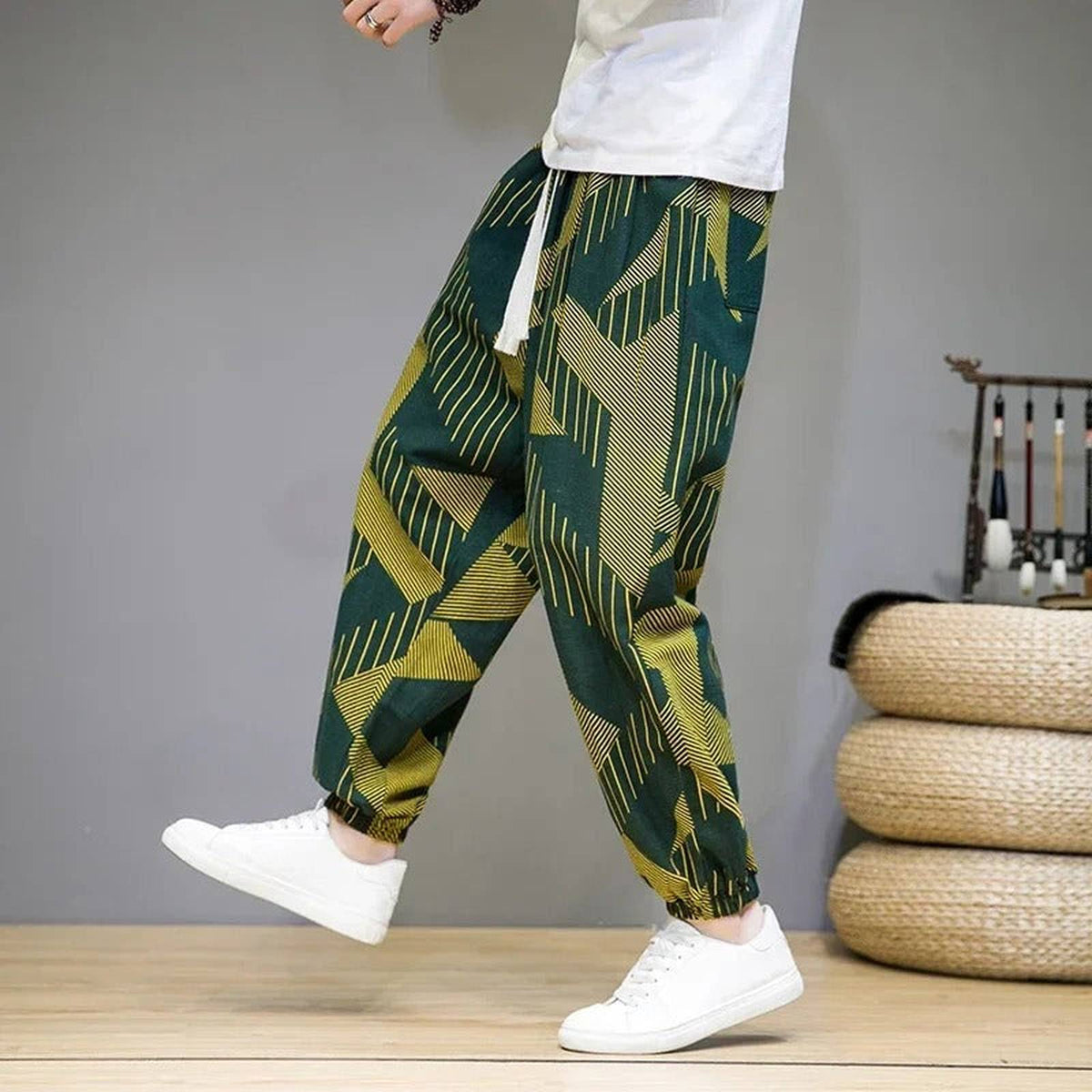 Baggy Cotton Linen Harem Pants with Printed Chinese Style Graphic - IMG