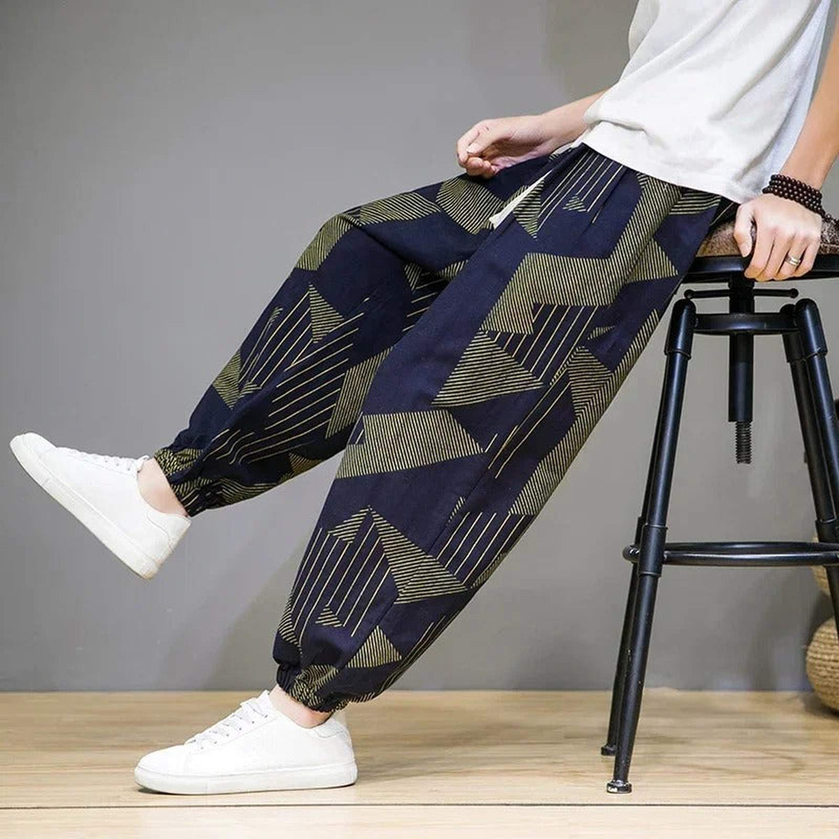 Baggy Cotton Linen Harem Pants with Printed Chinese Style Graphic - IMG