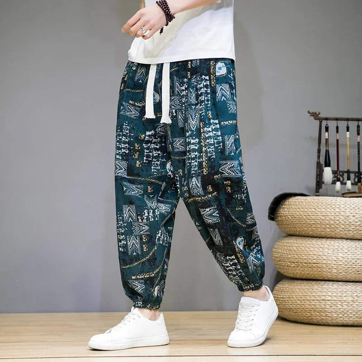 Baggy Cotton Linen Harem Pants with Printed Chinese Style Graphic - IMG