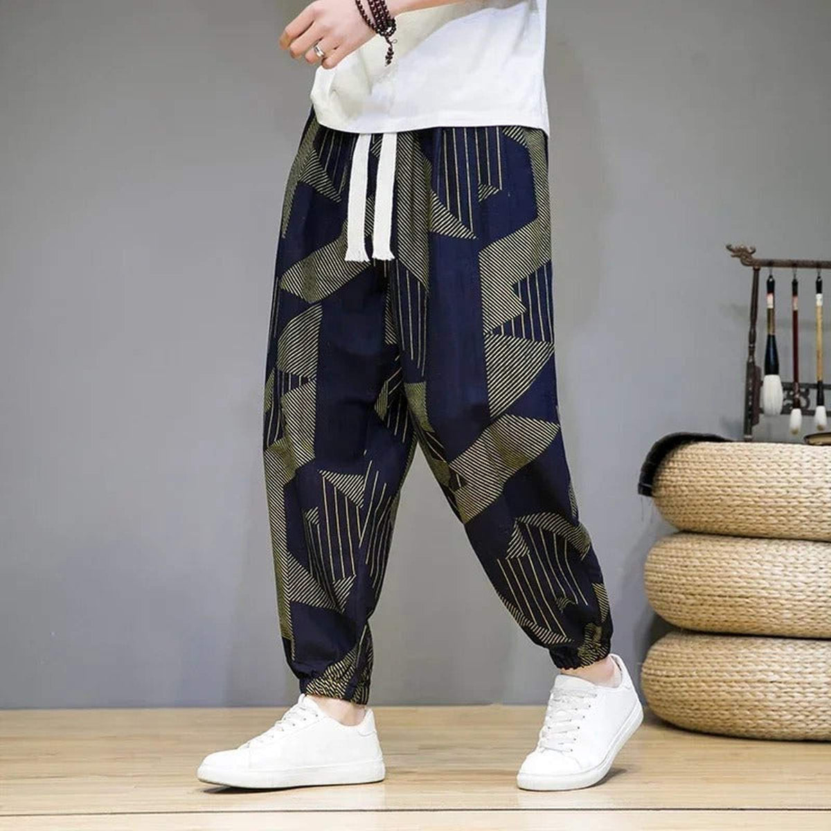 Baggy Cotton Linen Harem Pants with Printed Chinese Style Graphic - IMG