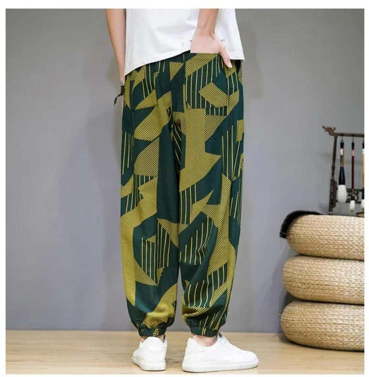 Baggy Cotton Linen Harem Pants with Printed Chinese Style Graphic - IMG