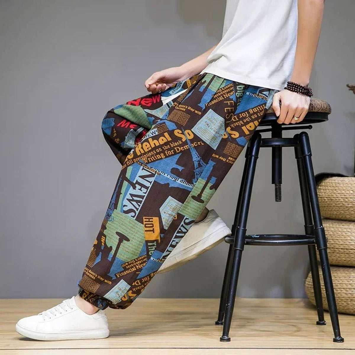 Baggy Cotton Linen Harem Pants with Printed Chinese Style Graphic - IMG