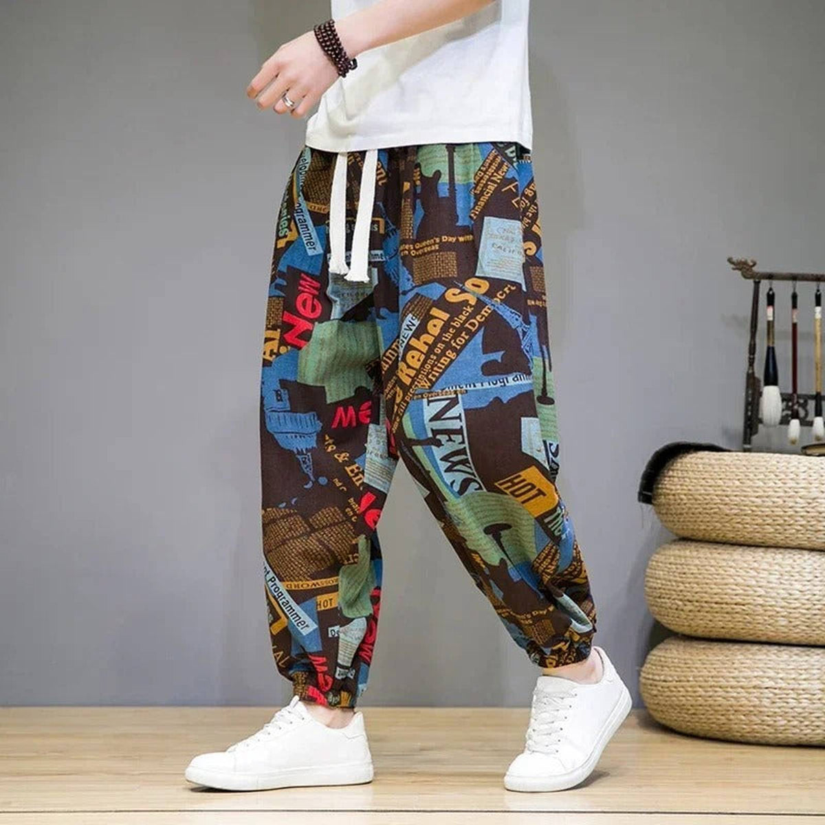 Baggy Cotton Linen Harem Pants with Printed Chinese Style Graphic - IMG