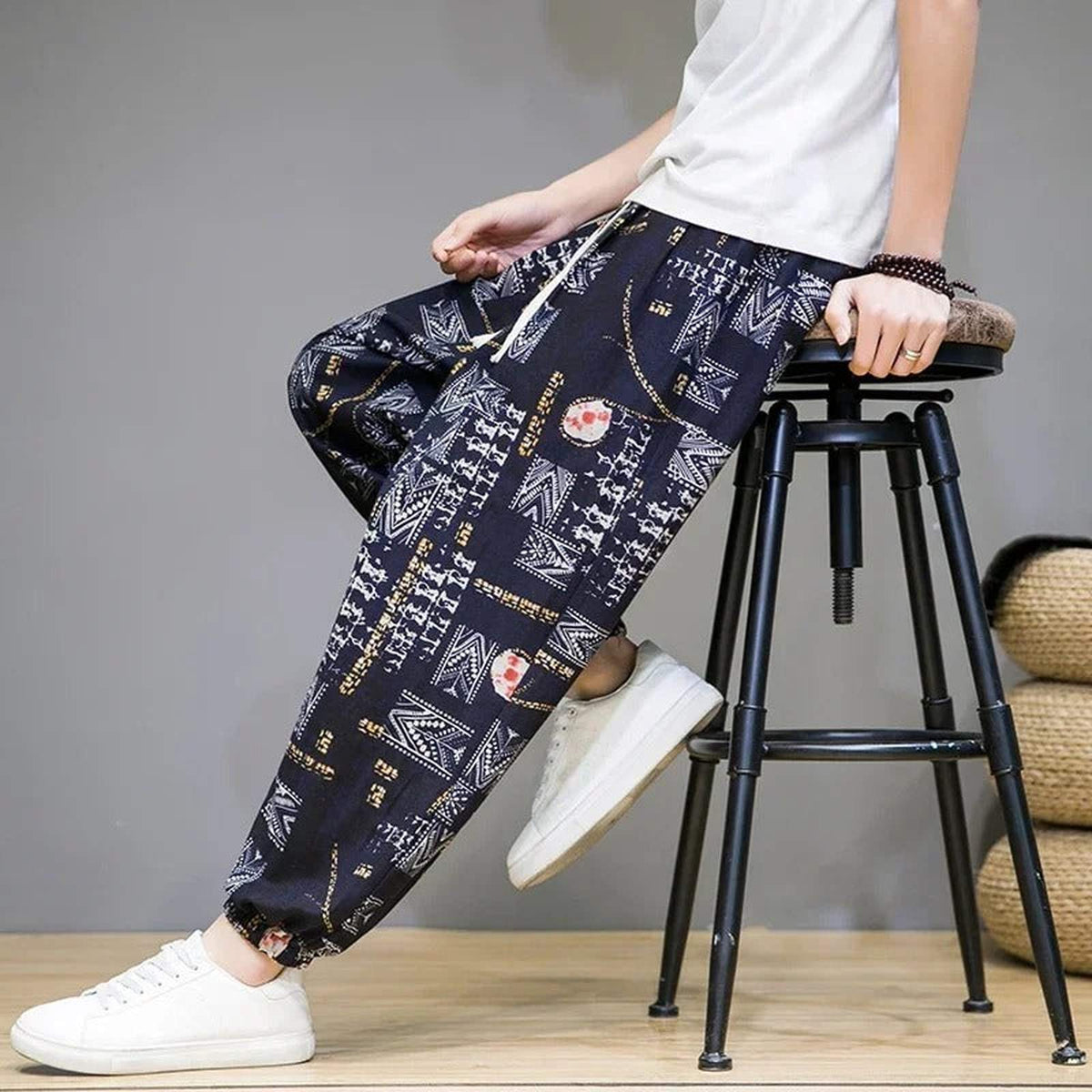 Baggy Cotton Linen Harem Pants with Printed Chinese Style Graphic - IMG