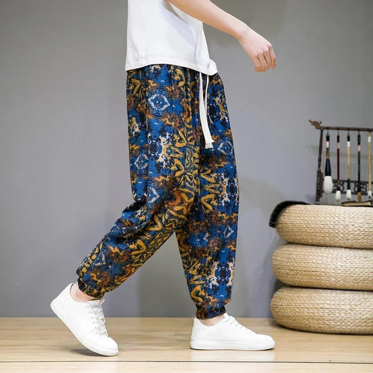 Baggy Cotton Linen Harem Pants with Printed Chinese Style Graphic - IMG