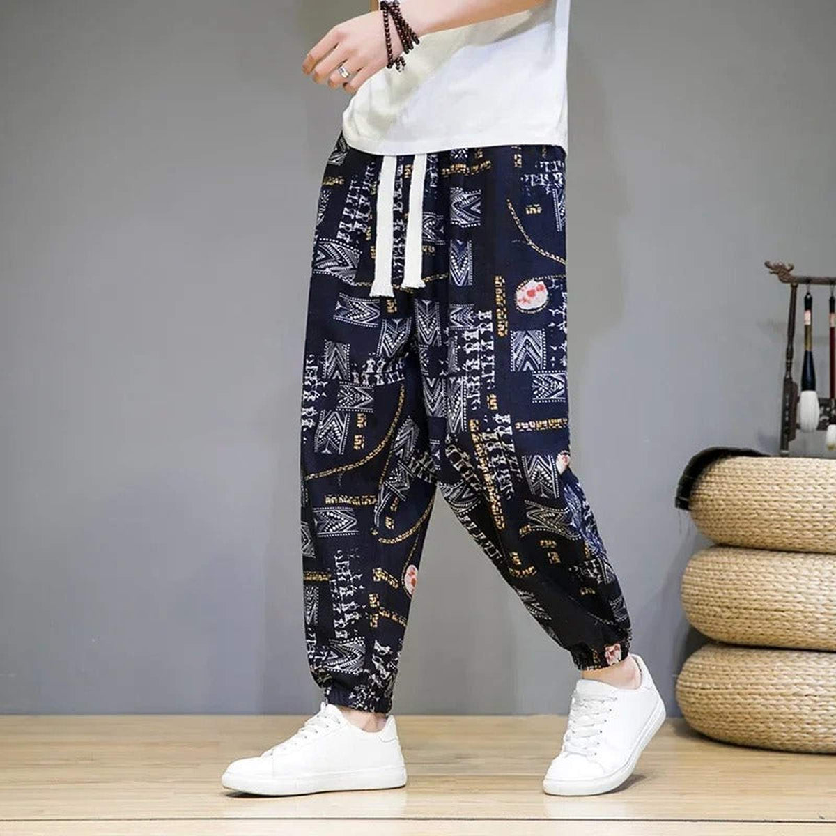 Baggy Cotton Linen Harem Pants with Printed Chinese Style Graphic - IMG