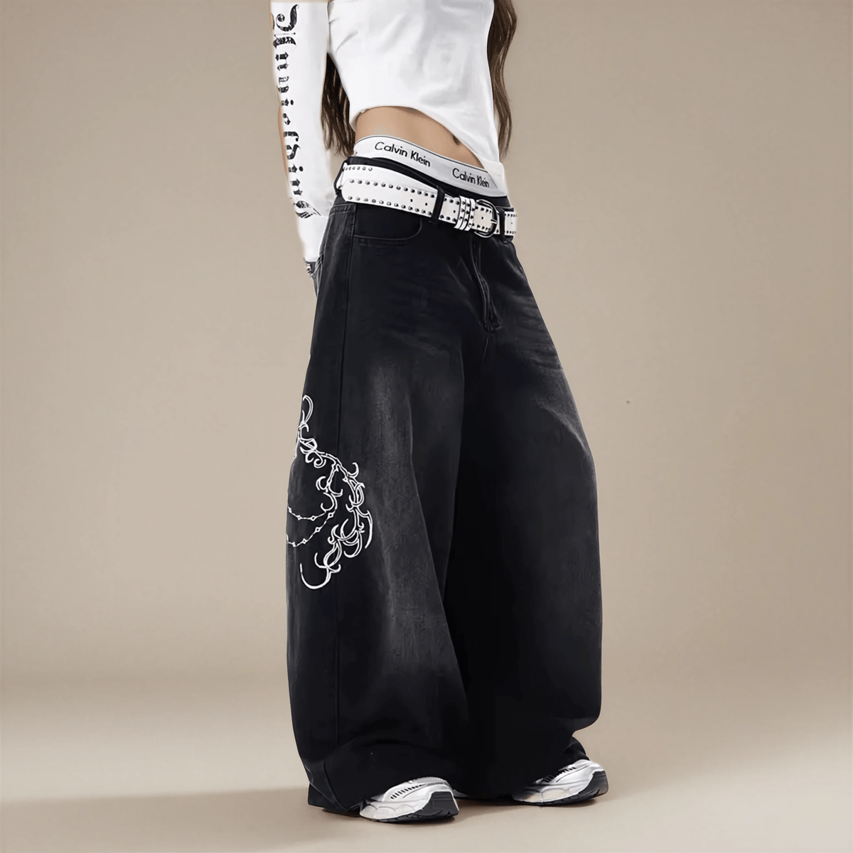 Black Embroidered Wide Leg Jeans Y2K Low Rise Fit - IMG