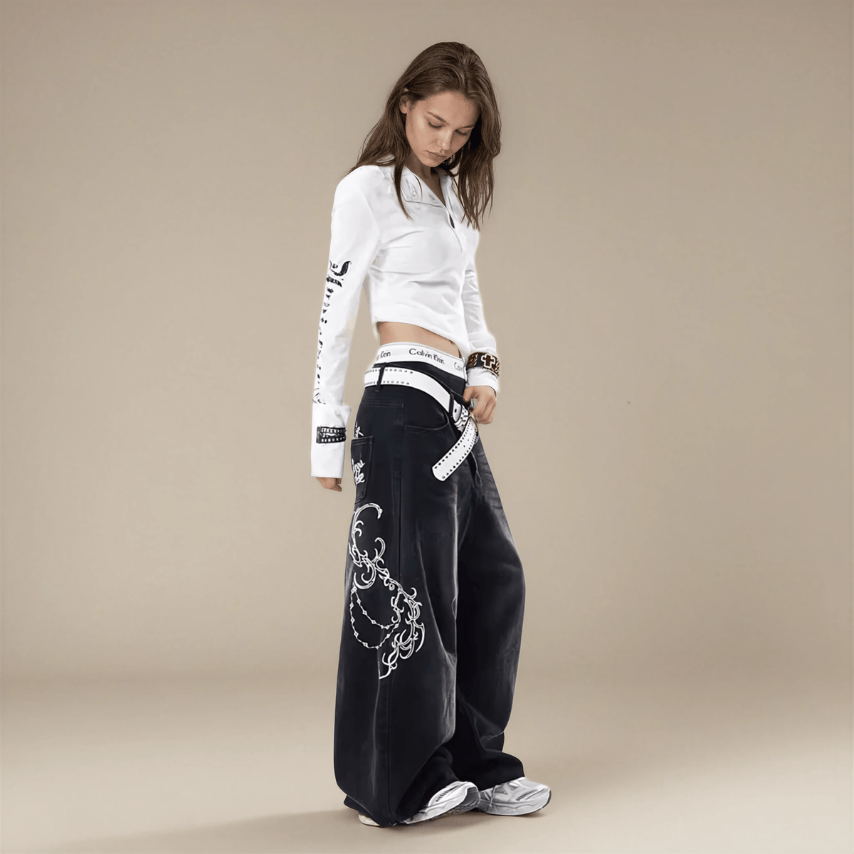 Black Embroidered Wide Leg Jeans Y2K Low Rise Fit - IMG