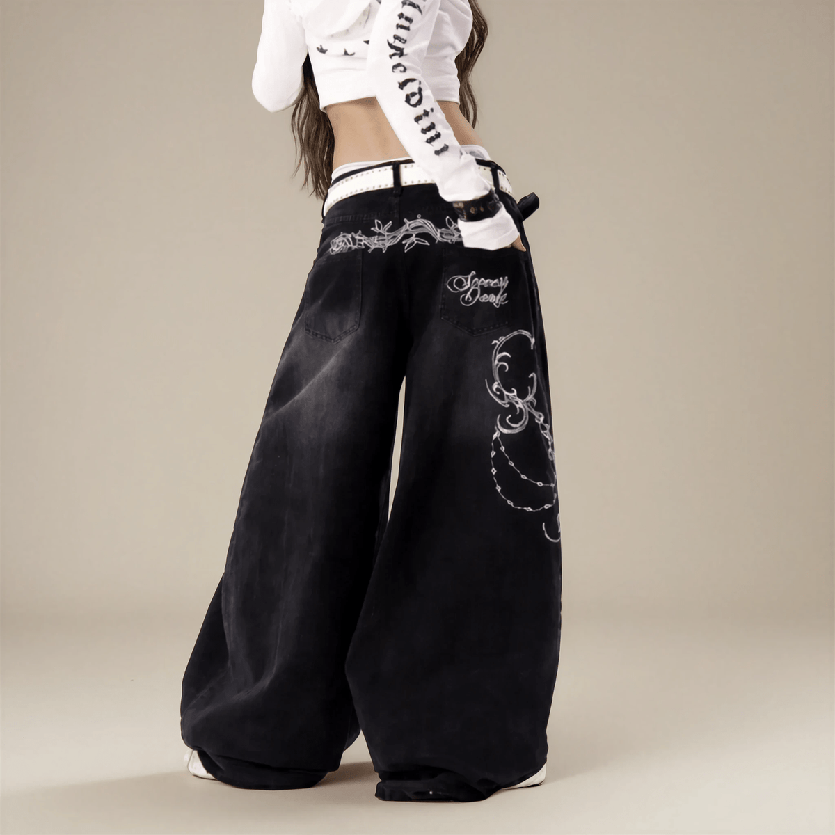Black Embroidered Wide Leg Jeans Y2K Low Rise Fit - IMG