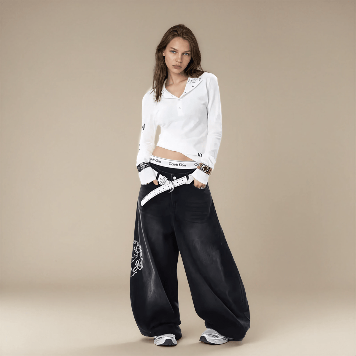 Black Embroidered Wide Leg Jeans Y2K Low Rise Fit - IMG