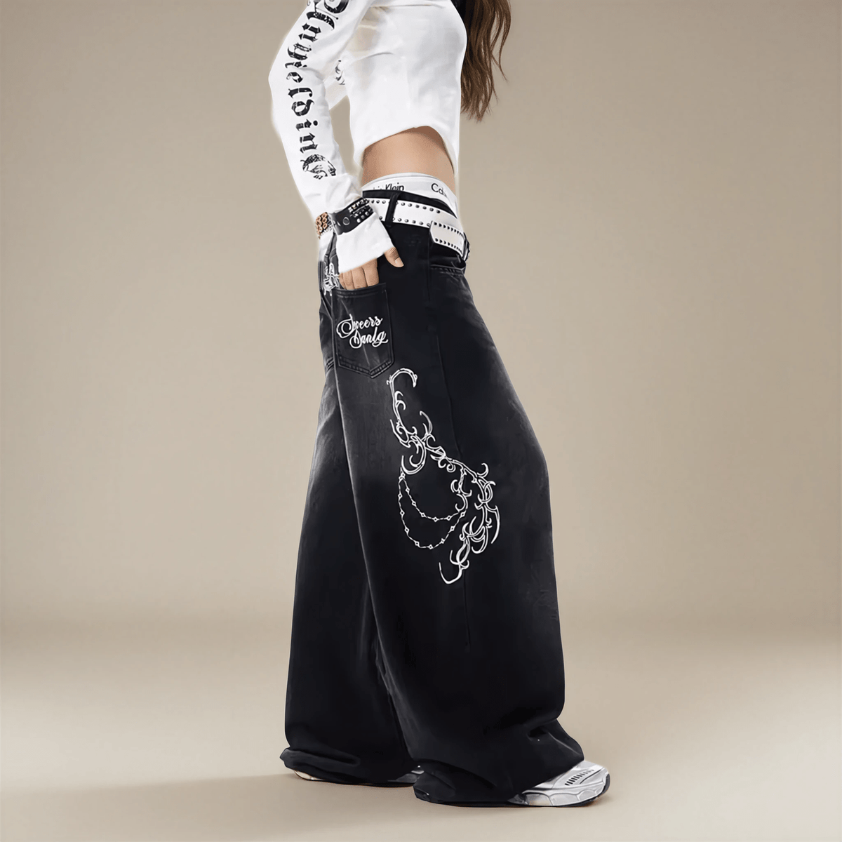 Black Embroidered Wide Leg Jeans Y2K Low Rise Fit - IMG
