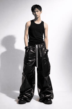 Black Shiny PU Wide-Leg Pants - IMG