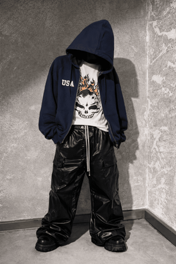 Black Shiny PU Wide-Leg Pants - IMG