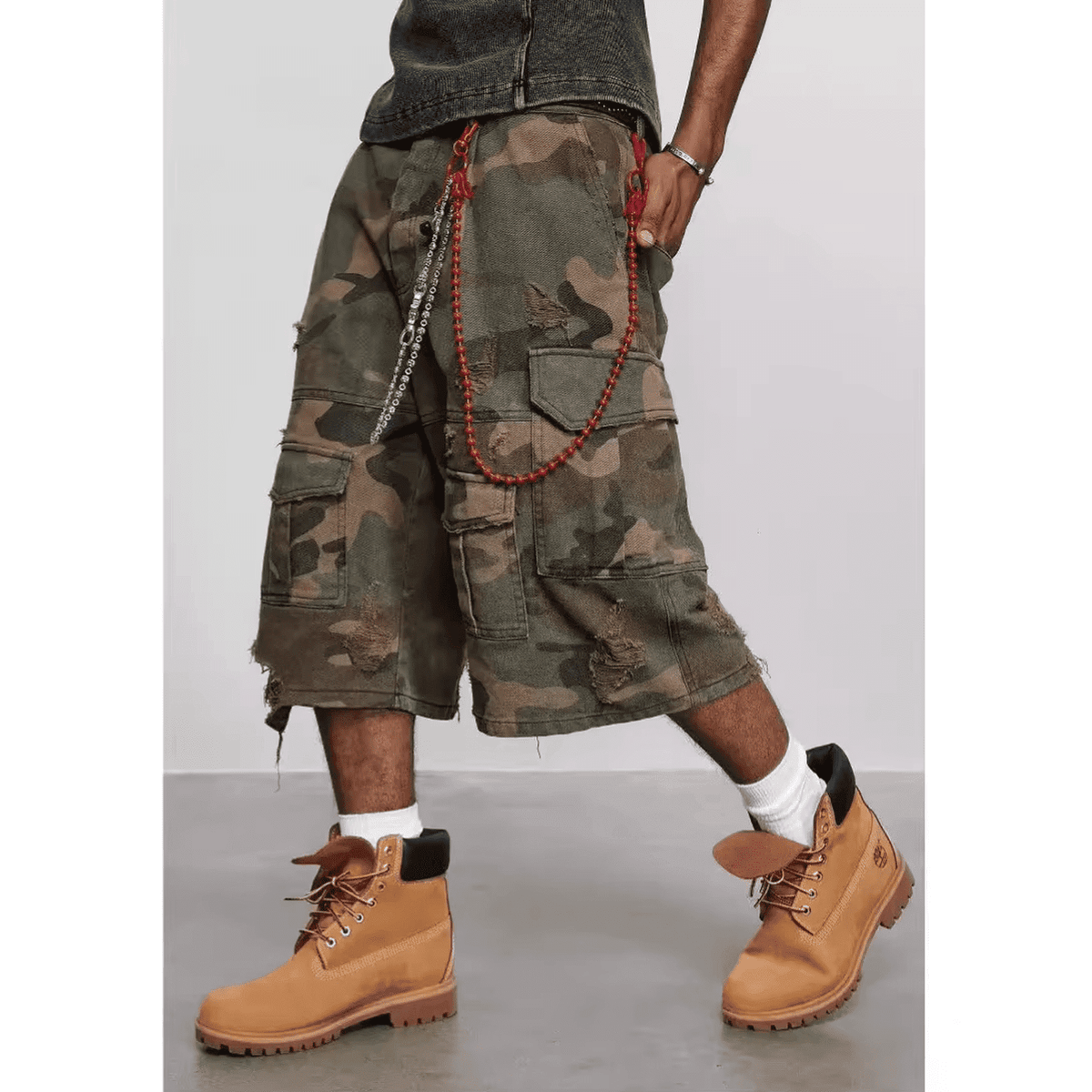 Camo Ripped Oversized Cargo Shorts - IMG