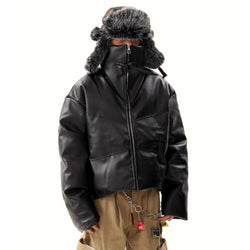 Cropped Textured Black Streetwear Leather Jacket - IMG