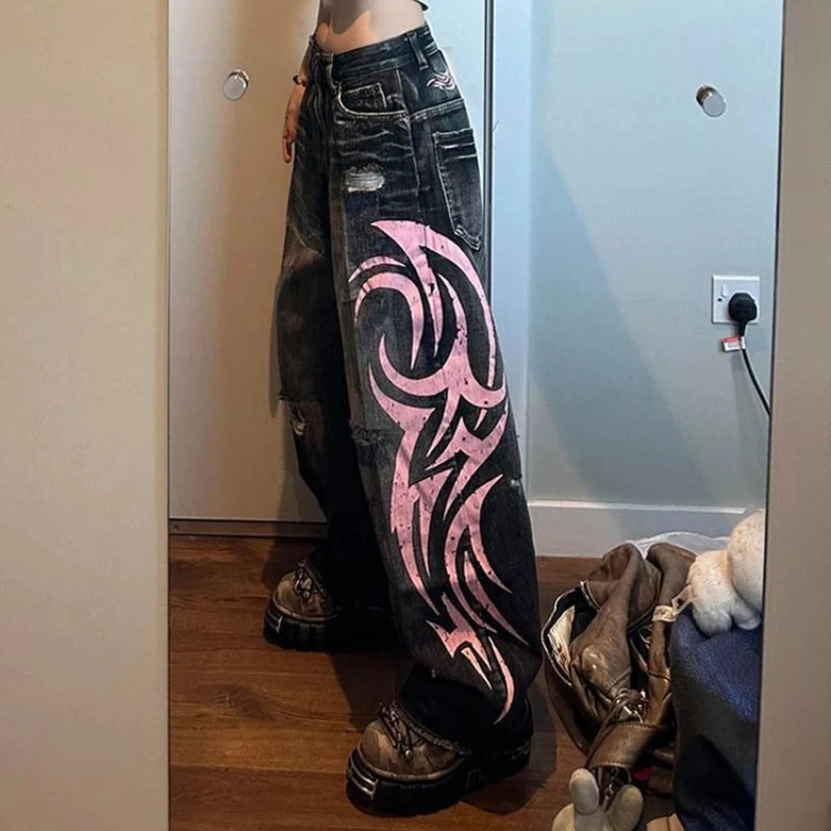 Distressed Wide Leg Denim — Y2K High Waist Street Jean - IMG