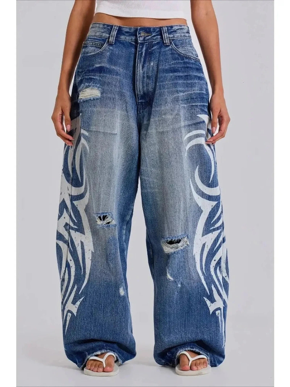 Distressed Y2K Baggy Harajuku Print Denim — Wide Leg Ripped Jeans - IMG