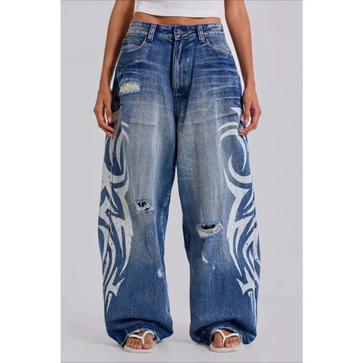 Distressed Y2K Baggy Harajuku Print Denim — Wide Leg Ripped Jeans - IMG