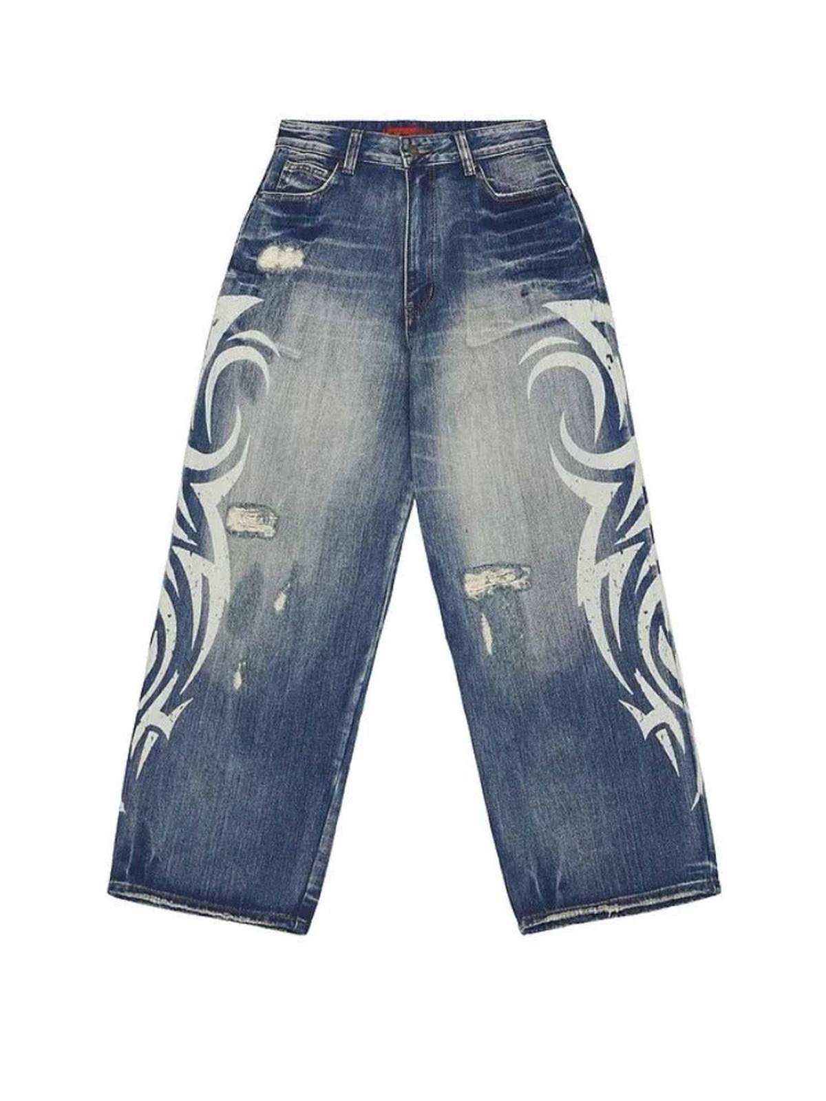 Distressed Y2K Baggy Harajuku Print Denim — Wide Leg Ripped Jeans - IMG