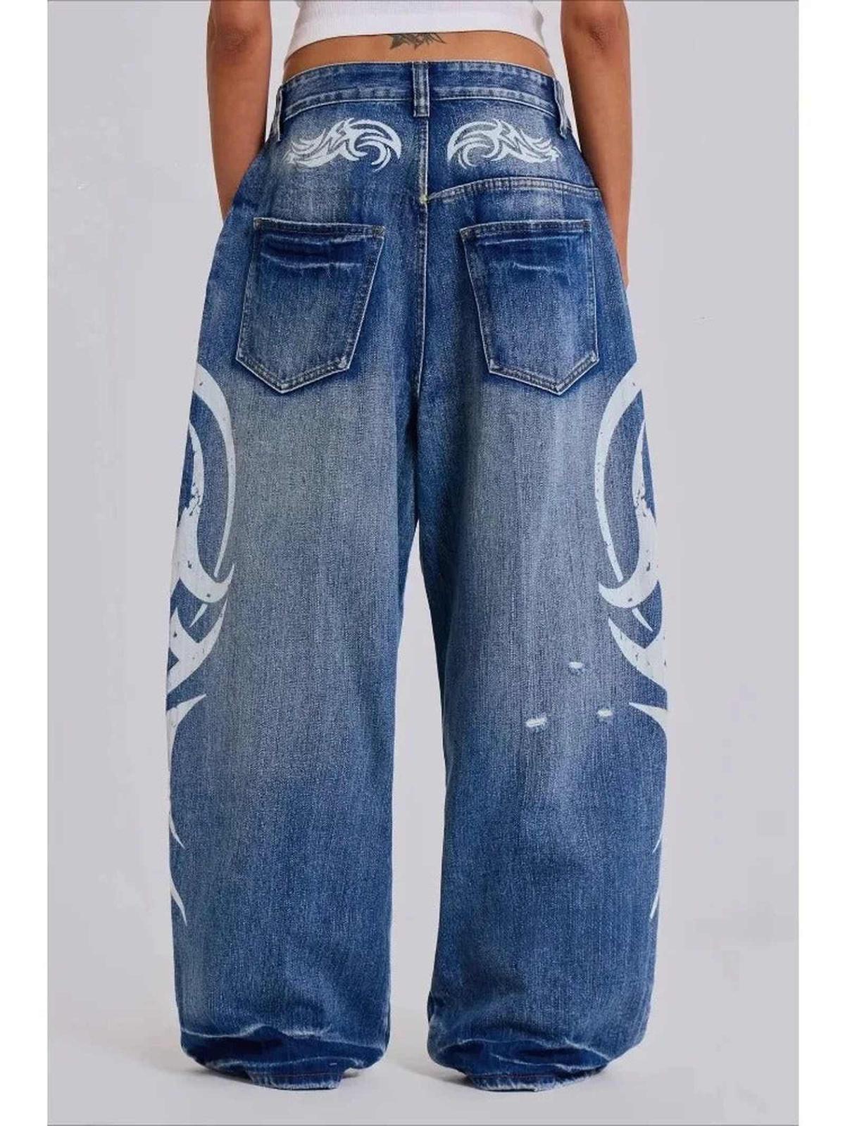 Distressed Y2K Baggy Harajuku Print Denim — Wide Leg Ripped Jeans - IMG