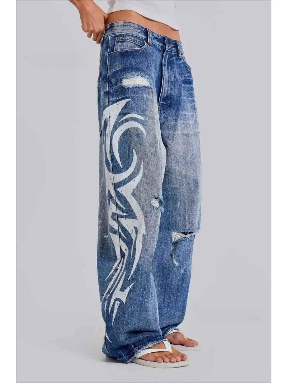 Distressed Y2K Baggy Harajuku Print Denim — Wide Leg Ripped Jeans - IMG