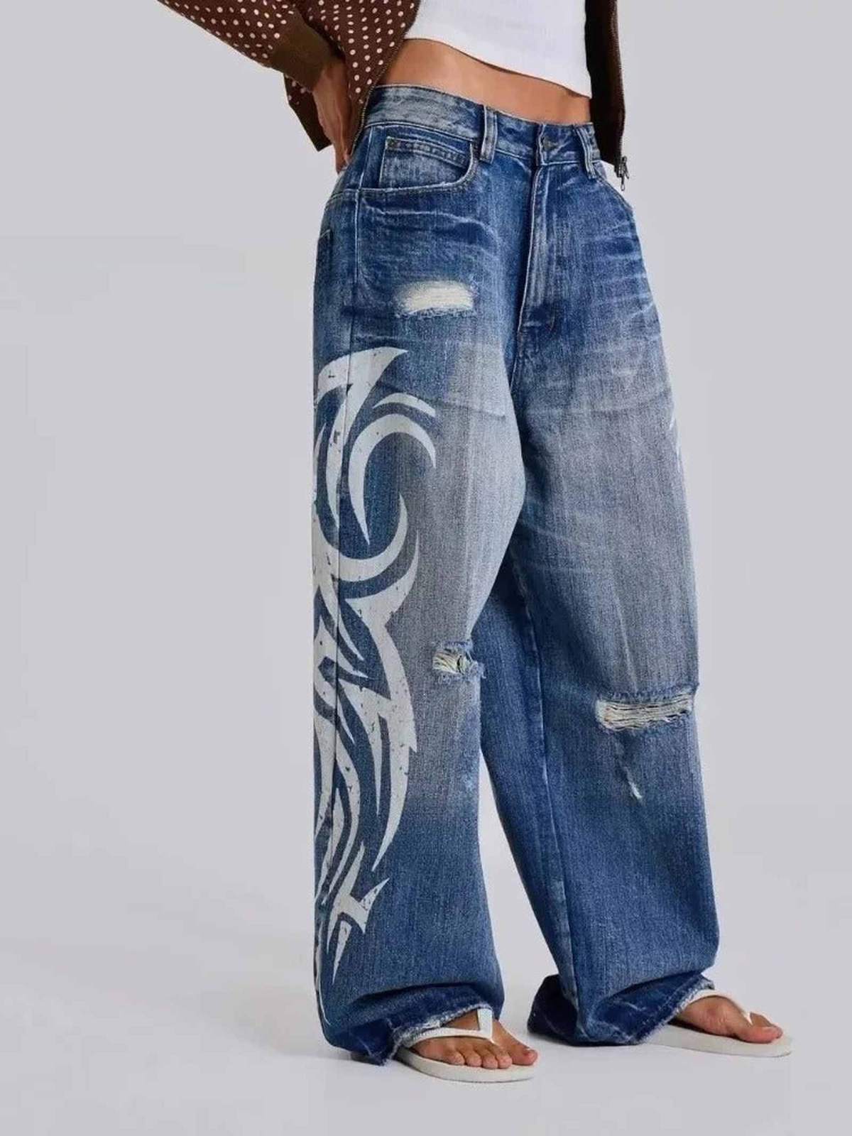 Distressed Y2K Baggy Harajuku Print Denim — Wide Leg Ripped Jeans - IMG