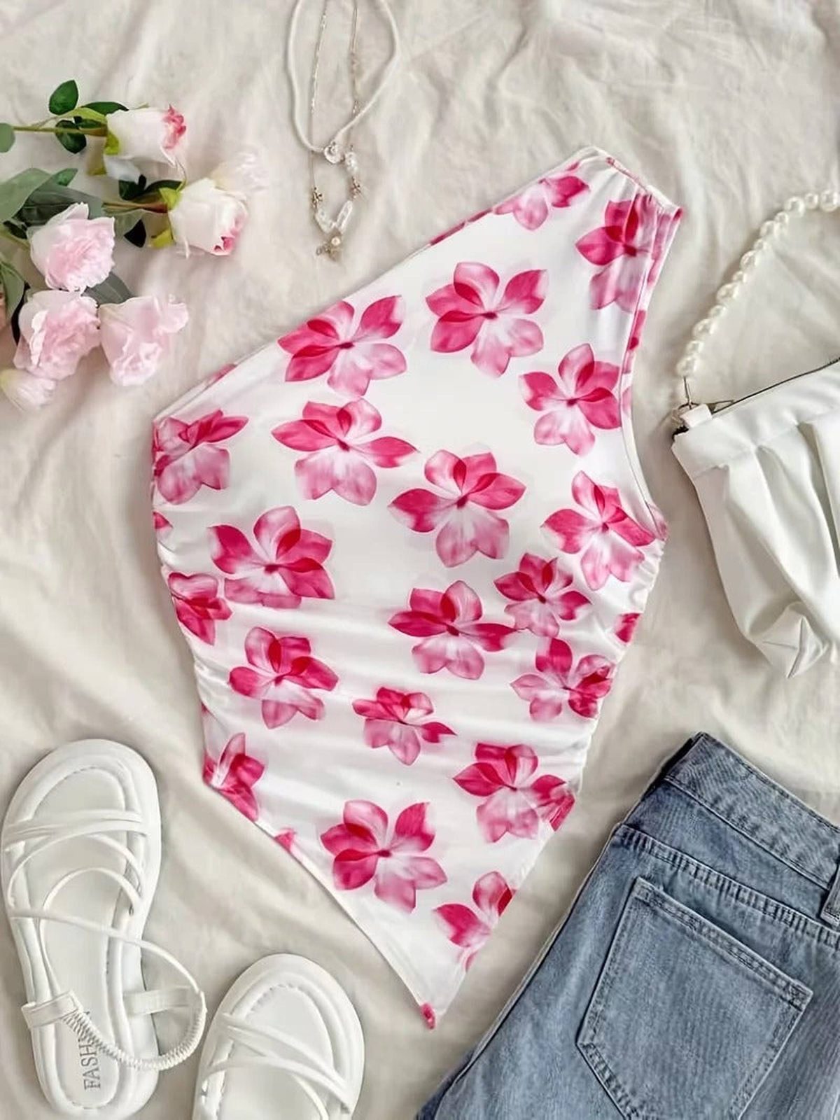 Floral One Shoulder Asymmetric Crop Tank - IMG