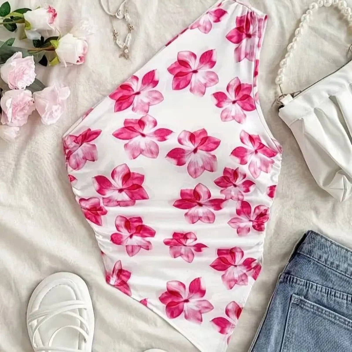 Floral One Shoulder Asymmetric Crop Tank - IMG
