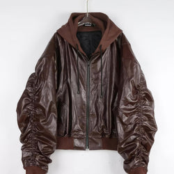 Hooded Oversized Leather Bomber Jacket - IMG