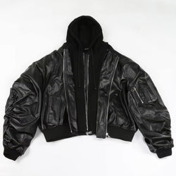 Hooded Oversized Leather Bomber Jacket - IMG