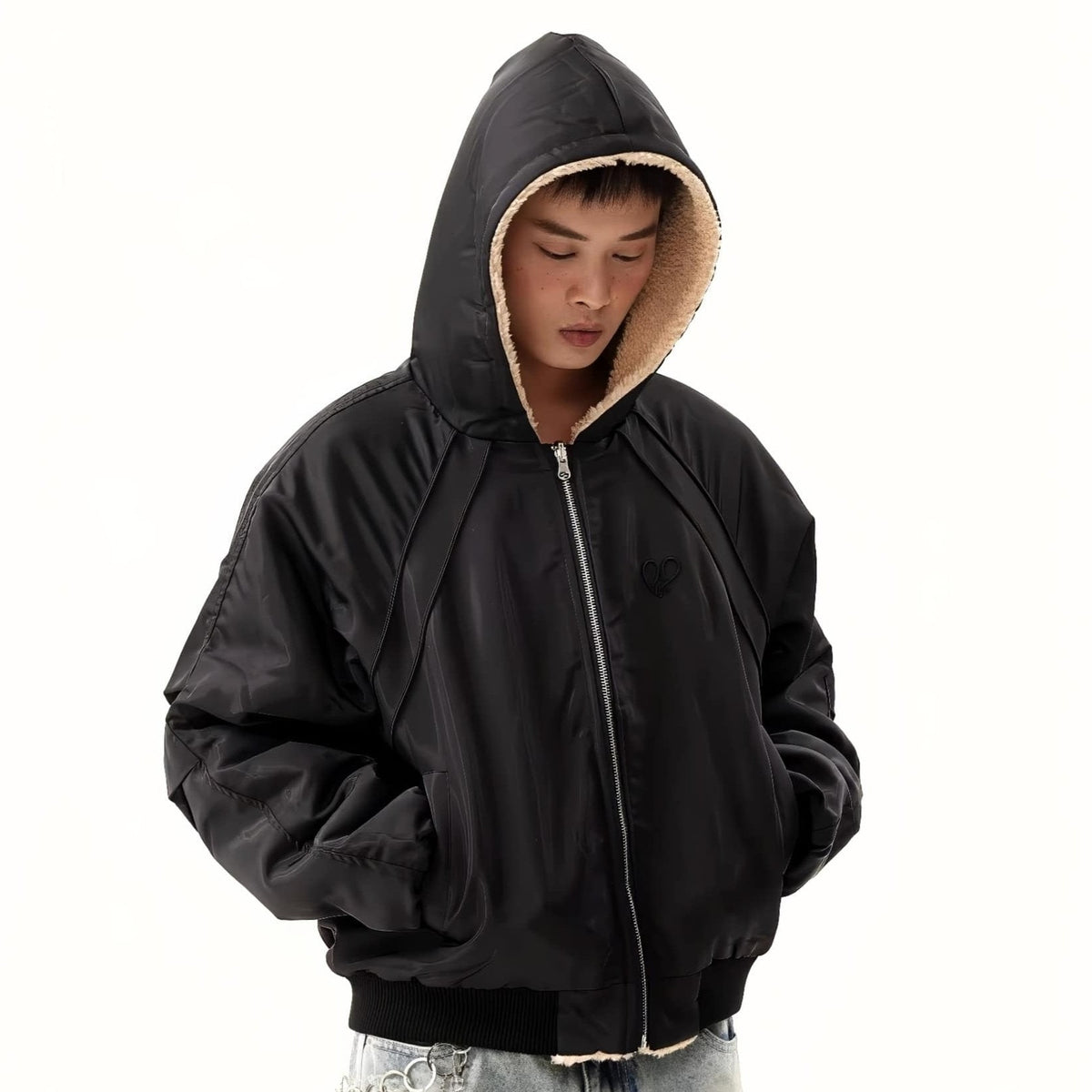 Hooded Reversible Warm Plush Bomber Jacket - IMG