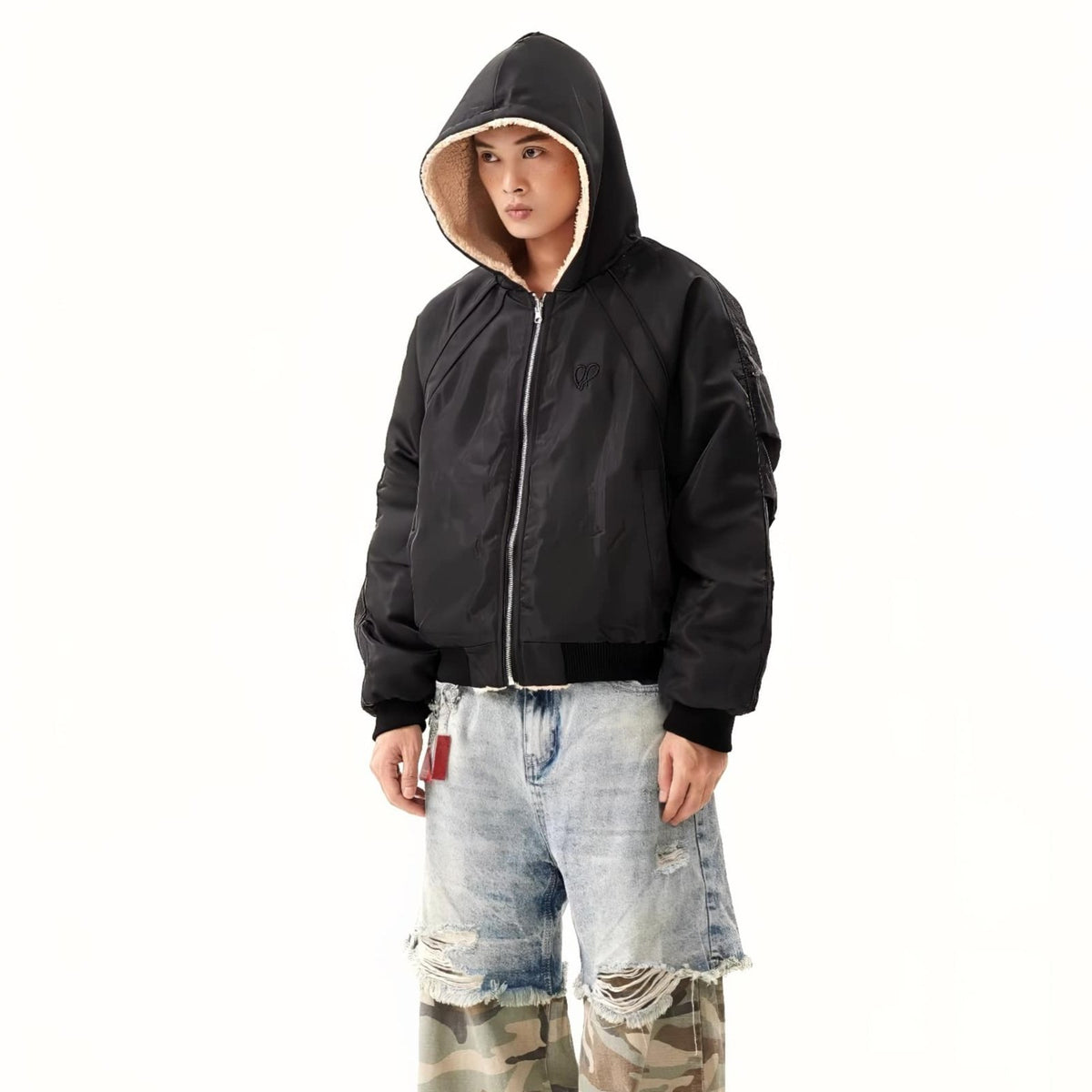 Hooded Reversible Warm Plush Bomber Jacket - IMG