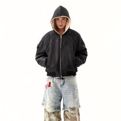 Hooded Reversible Warm Plush Bomber Jacket - IMG