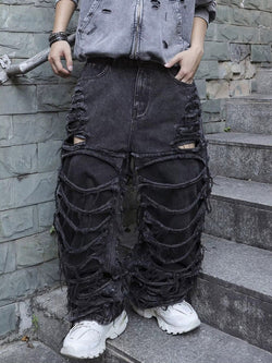Men’s Layered Distressed Wide-Leg Street Jeans - IMG