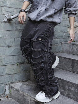Men’s Layered Distressed Wide-Leg Street Jeans - IMG
