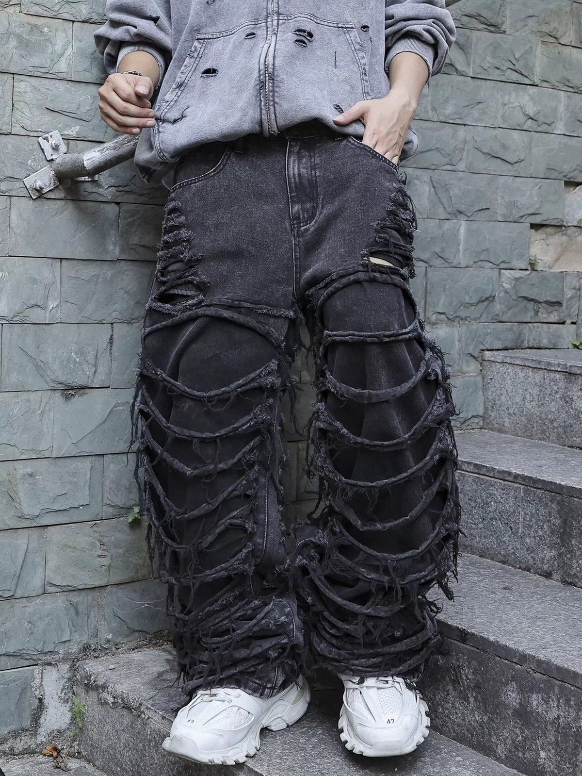 Men’s Layered Distressed Wide-Leg Street Jeans - IMG