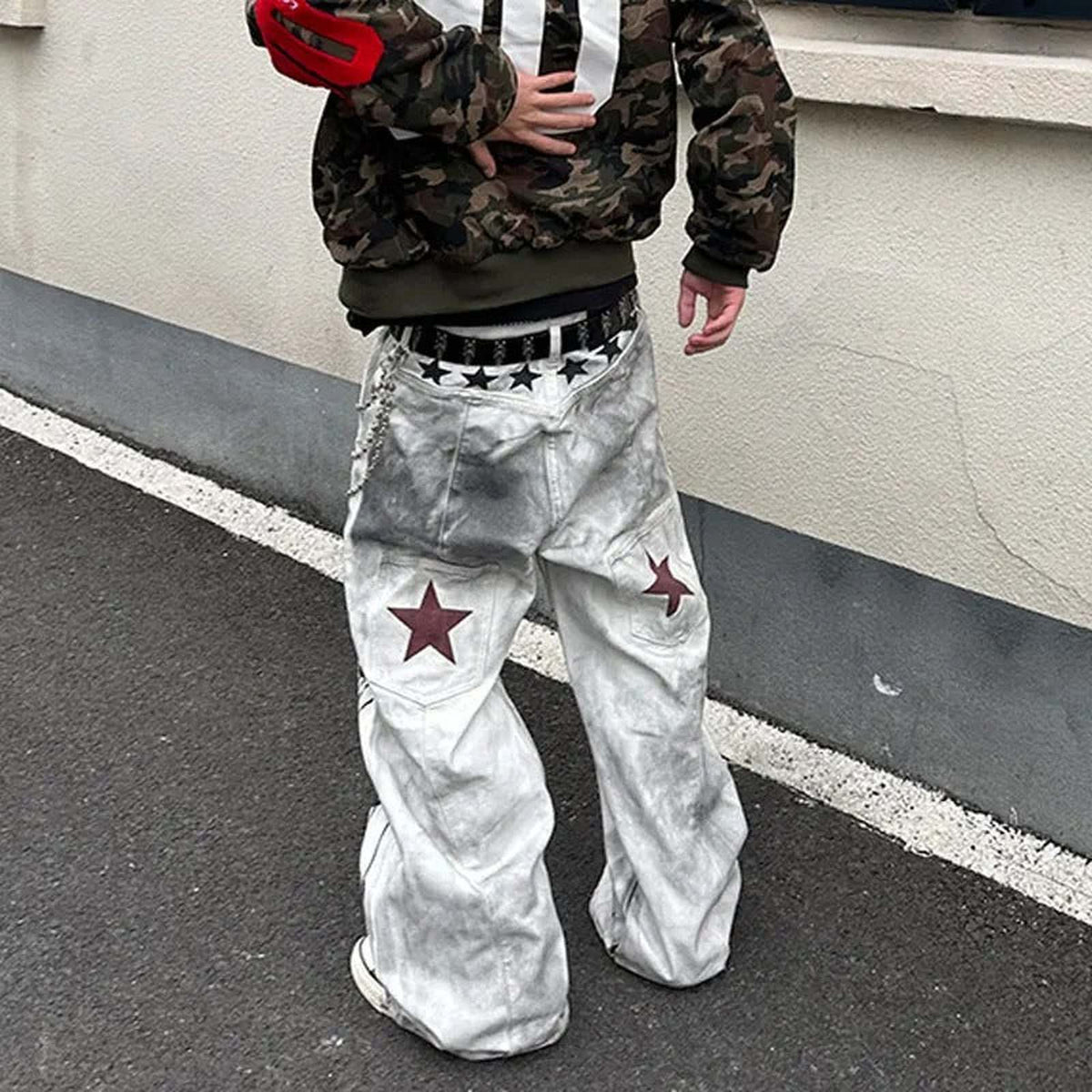 Music Note Printed Distressed Wide Leg Denim Star Men - IMG