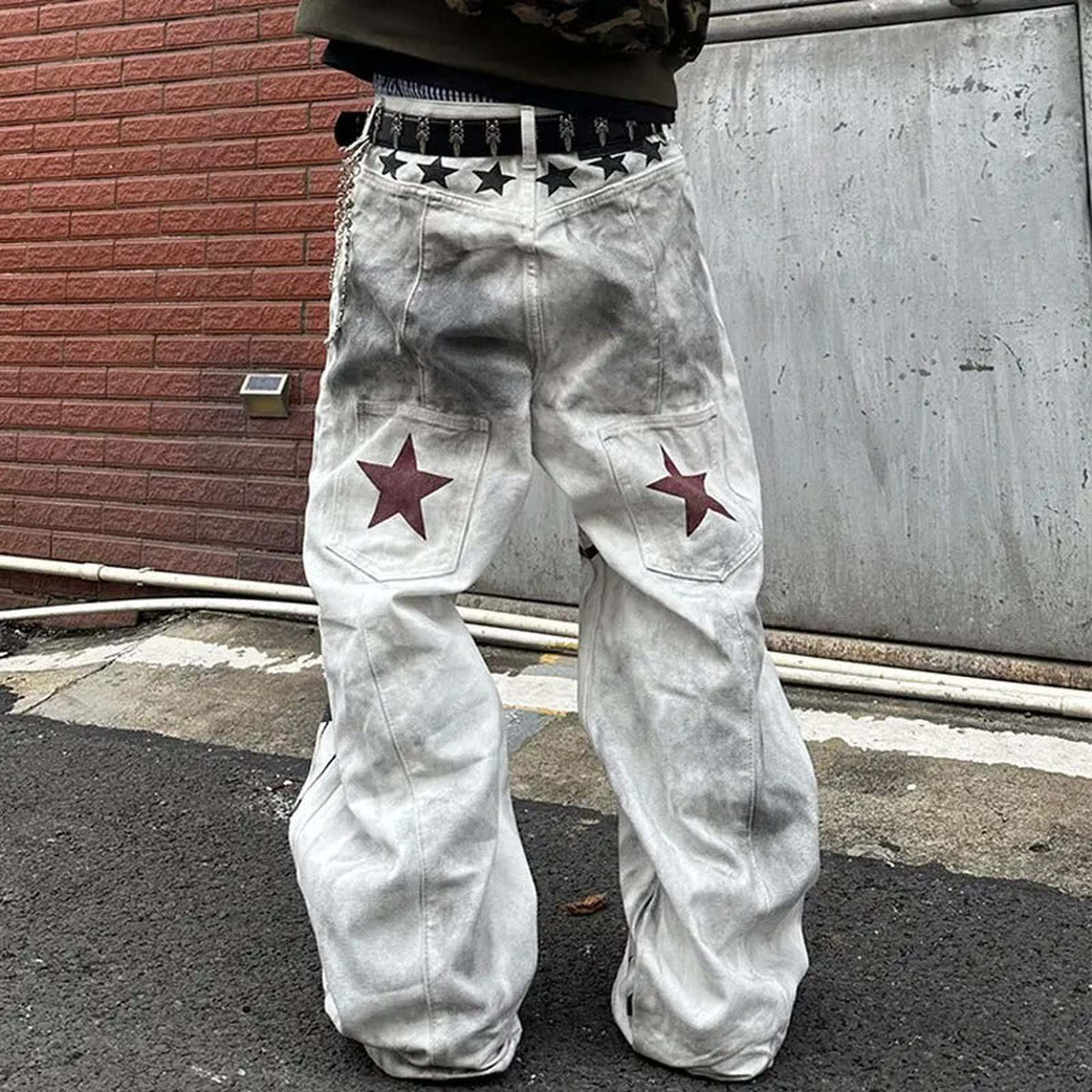 Music Note Printed Distressed Wide Leg Denim Star Men - IMG