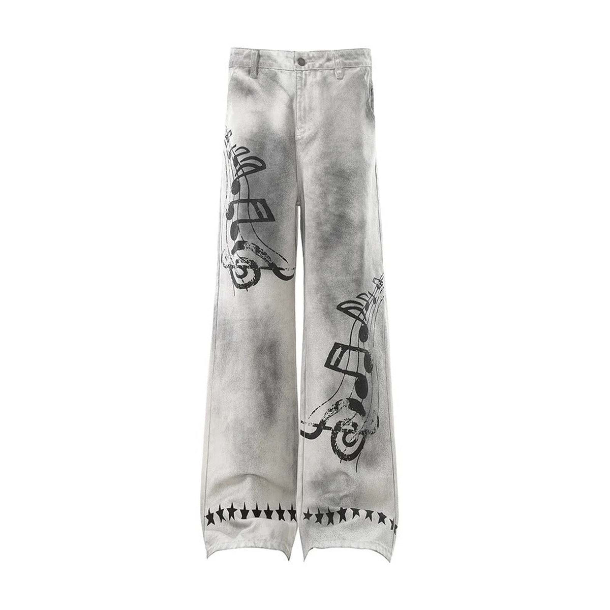 Music Note Printed Distressed Wide Leg Denim Star Men - IMG