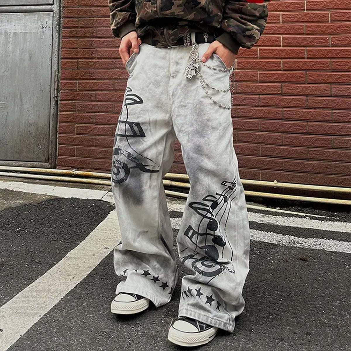 Music Note Printed Distressed Wide Leg Denim Star Men - IMG