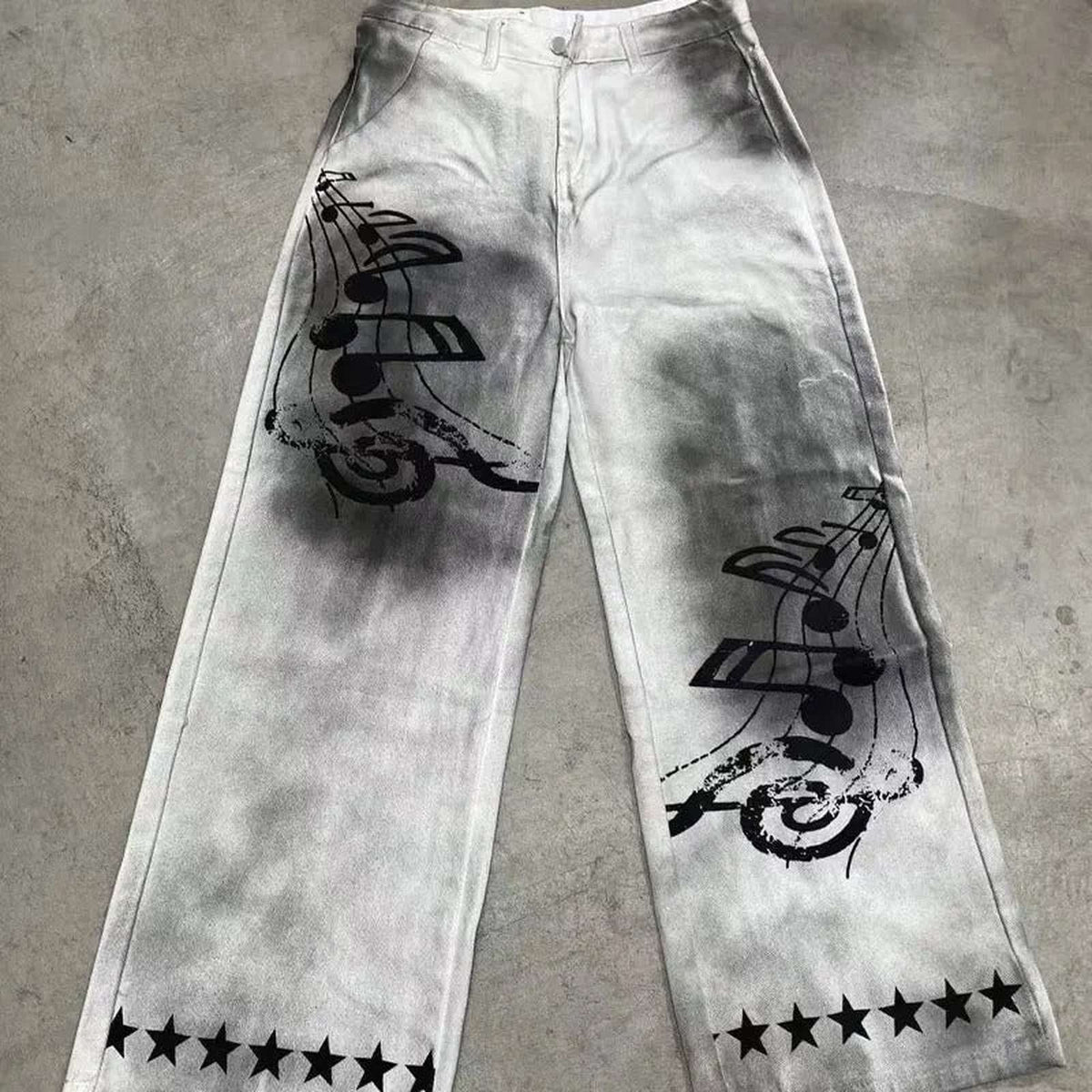 Music Note Printed Distressed Wide Leg Denim Star Men - IMG