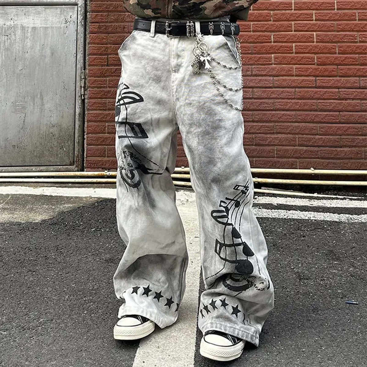 Music Note Printed Distressed Wide Leg Denim Star Men - IMG