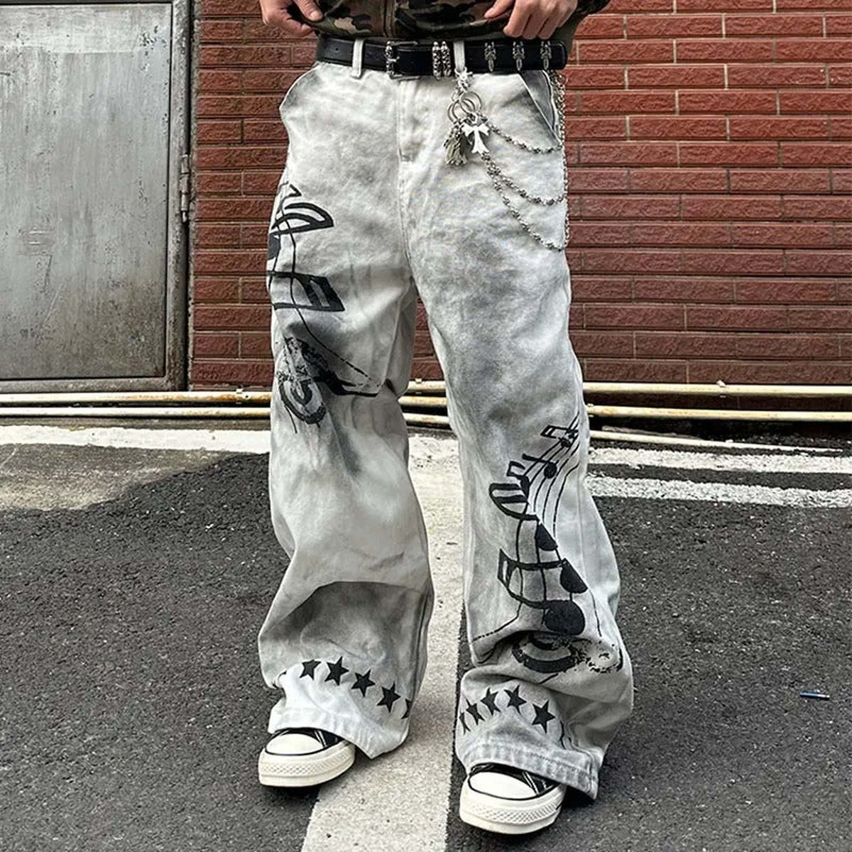 Music Note Printed Distressed Wide Leg Denim Star Men - IMG