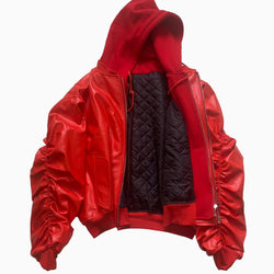 Oversized Hooded Leather Bomber Jacket - IMG
