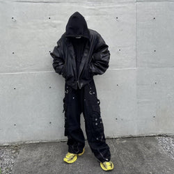 Hooded Oversized Leather Bomber Jacket - IMG