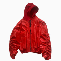 Oversized Hooded Leather Bomber Jacket - IMG