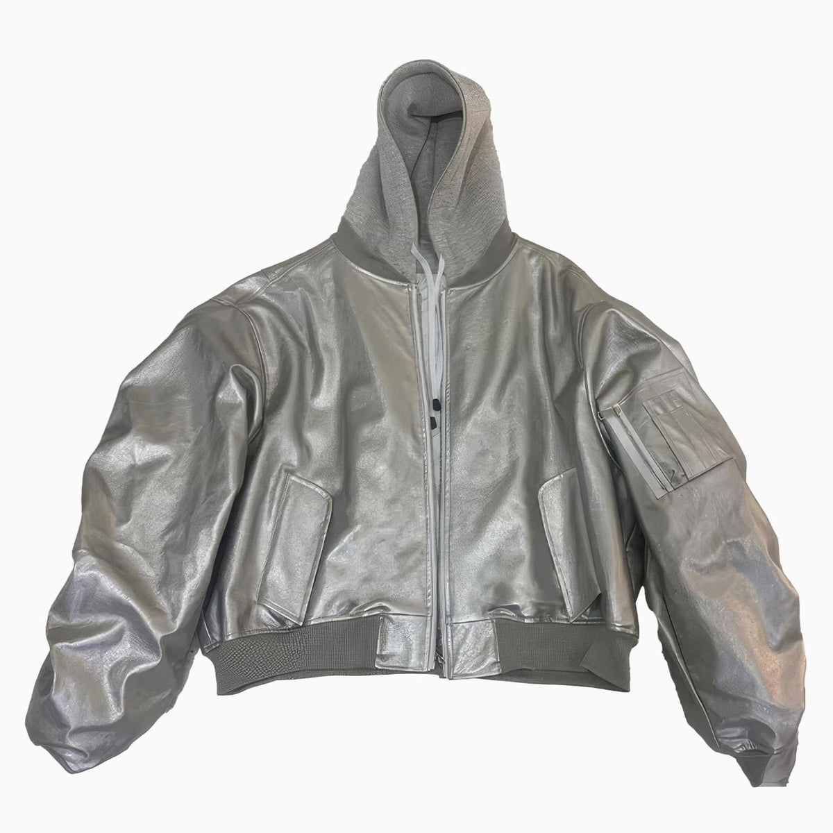 Oversized Hooded Leather Bomber Jacket - IMG