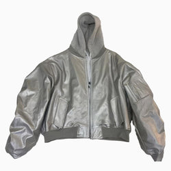 Oversized Hooded Leather Bomber Jacket - IMG