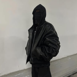 Hooded Oversized Leather Bomber Jacket - IMG