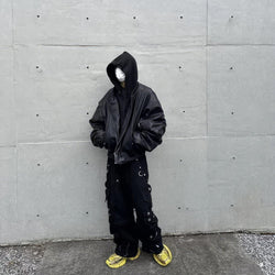 Hooded Oversized Leather Bomber Jacket - IMG